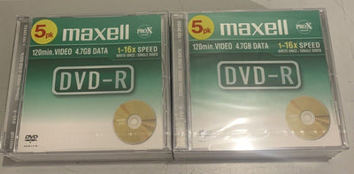 Lot de 2 X 5 MAXELL DVD-R 120 Min 4.7 GB Data 1-16x Speed Neuf (10 DVD Au Total) Maxell
